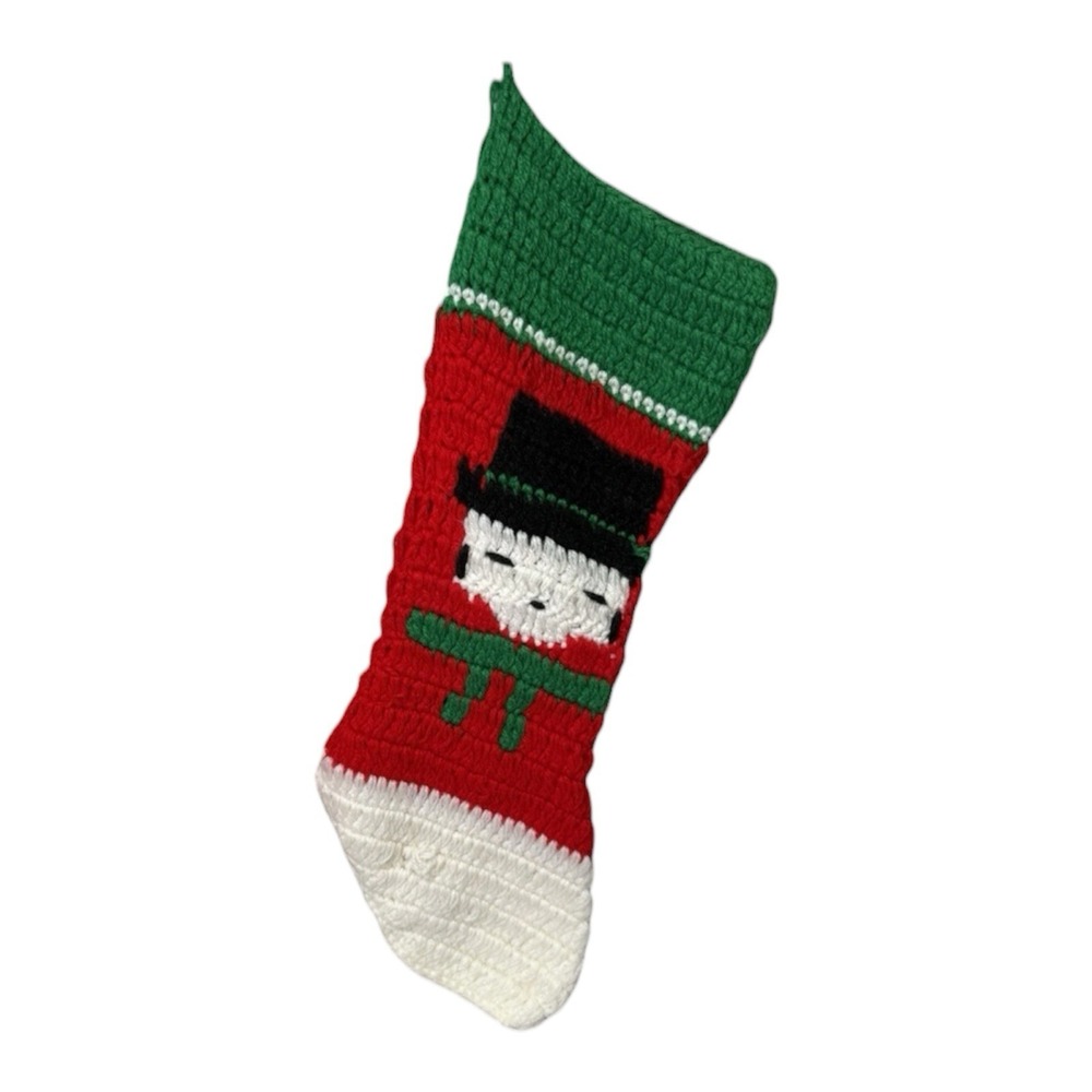 Vintage Crochet Christmas Stocking Snowman Red Green White